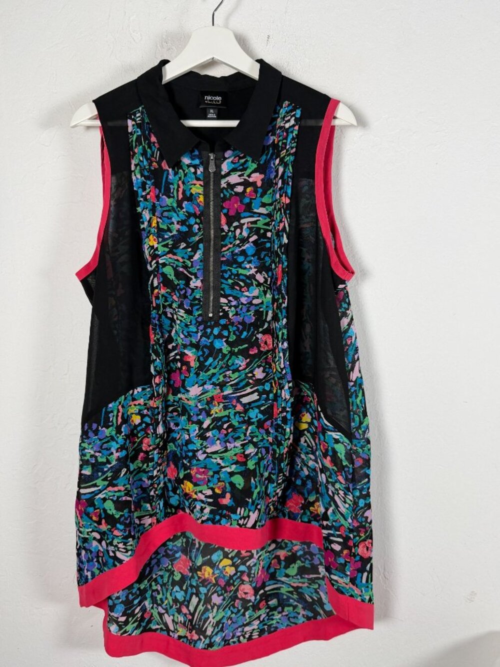 Nicole by Nicole Miller Top Womens XL Black Floral Abstract Sheer Tank Blouse